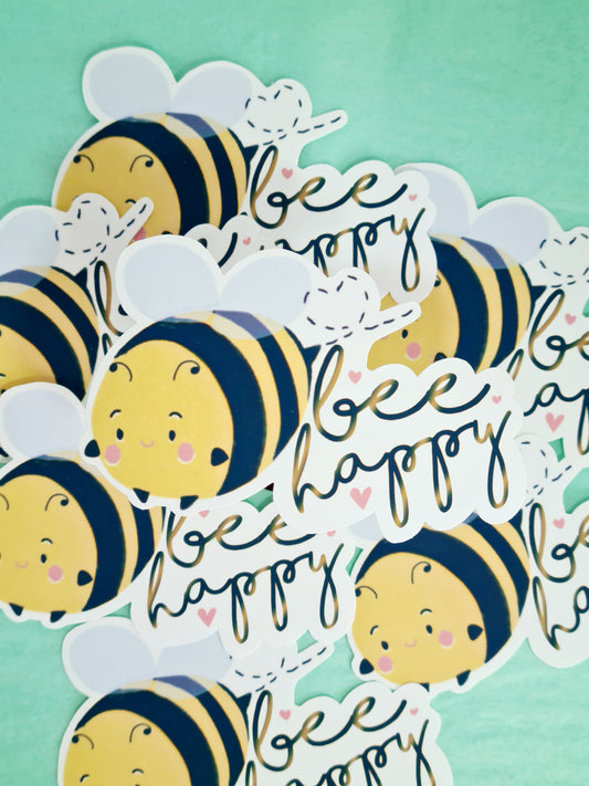 Bee happy matte vinyl sticker.