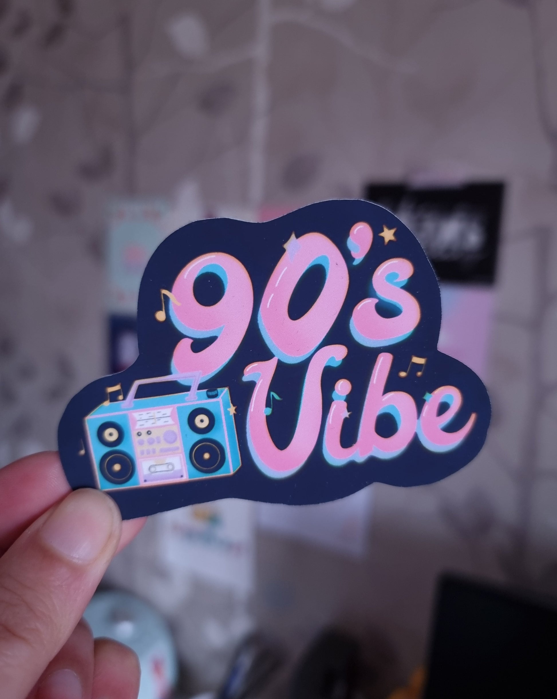 Black background matte vinyl sticker with pink 90s vibe quote and a boom box image.